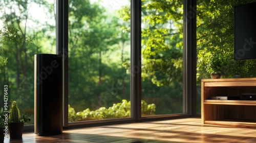 A sleek, modern vertical vacuum cleaner stands in a contemporary living room setting, bathed in natural light streaming through large windows overlooking a lush green landscape. The minimalist aesthet photo