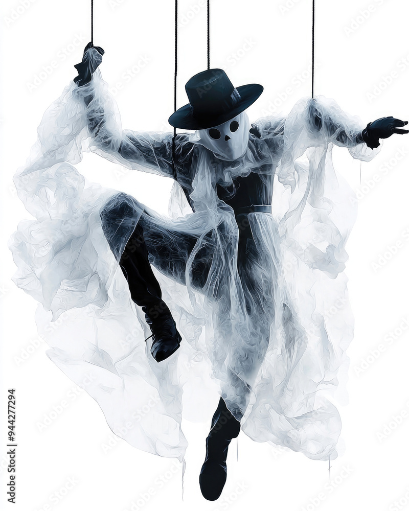 Obraz premium A haunting puppet draped in sheer fabric, creating an eerie effect with its mysterious presence and dramatic pose.