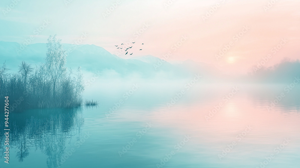 Fototapeta premium Serene Morning Mist Over Tranquil Lake with Pastel Skies and Birds in Flight