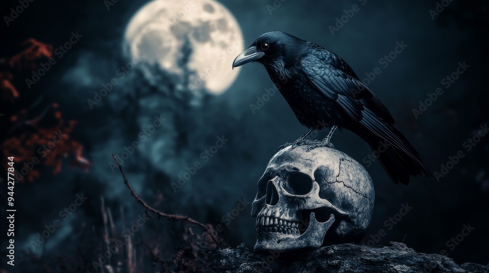 Fototapeta premium 3D Cartoon Crow on Skull in Moonlit Night Scene