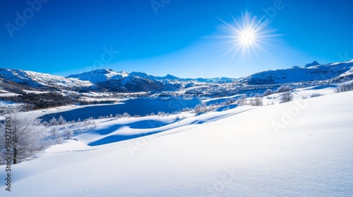 A stunning winter panorama featuring snow-capped mountains, a pristine lake reflecting the bright blue sky, and a sun shining down on the pristine white landscape. The scene evokes a sense of tranqui