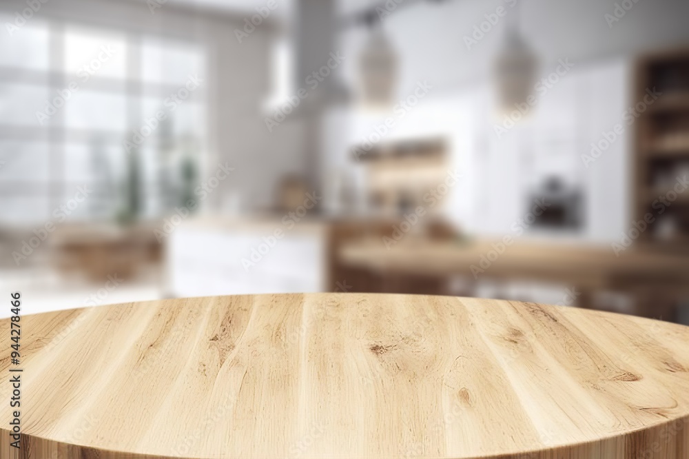 Wooden board table top at Kitchen interior Wooden board table top at Kitchen interior
