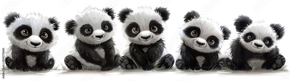 Obraz premium Cartoon pandas with various emotions and poses on a white background. Cheerful and fun bear characters perfect for playful designs and children's books.