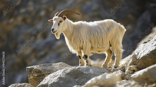 Cashmere Goat Grazing on Rocks in Ladakh, Nepal. Horned Mammal of India photo