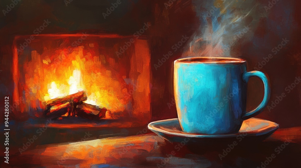A Blue Mug of Coffee in Front of a Fireplace A Blue Mug of Coffee in Front of a Fireplace