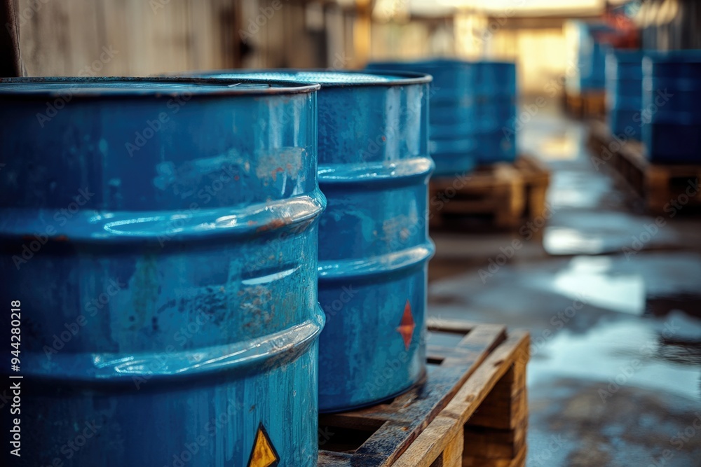 Drum Pallet. Blue Barrel in Chemical Factory Environment Drum Pallet. Blue Barrel in Chemical Factory Environment