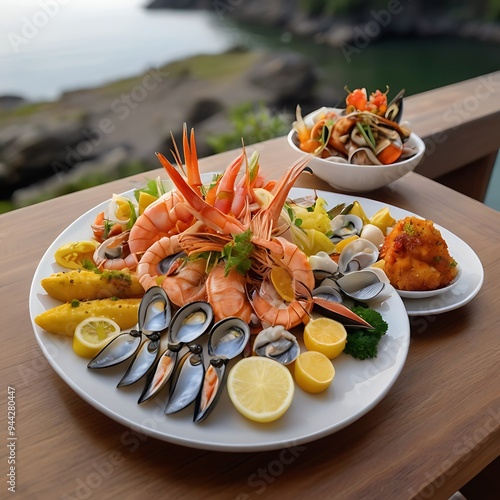 Spicy Korean Ramone with seafood, menu for various seafood dishes, closeup of lobsters and seafood on plate, delicious fresh attractive seafood dishes on the table photo