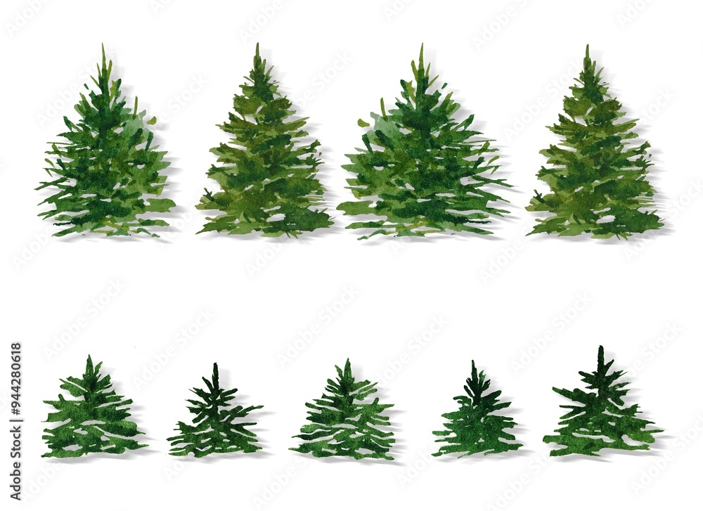 Obraz premium Set of isolated watercolor green Christmas trees hand drawn White background