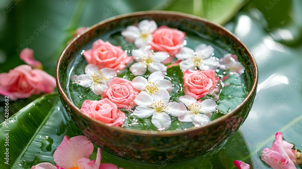 close up a rose petals with jasmine flowers in a large silver bowl of water for bathing the buddha. for songkran festival or Thai New Year close up a rose petals with jasmine flowers in a large silver bowl of water for bathing the buddha. for songkran festival or Thai New Year