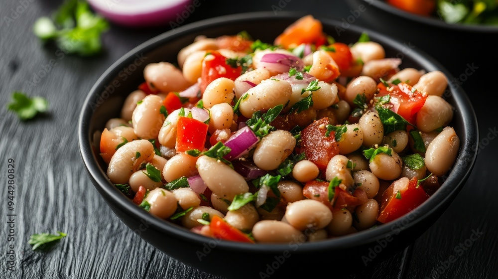 Close-up of Piyaz, Turkish white bean salad in a black bowl on a black wooden table. The salad contains tomatoes, red onions, and parsley, and it is flavored with sumac and olive oil dressing. Close-up of Piyaz, Turkish white bean salad in a black bowl on a black wooden table. The salad contains tomatoes, red onions, and parsley, and it is flavored with sumac and olive oil dressing.