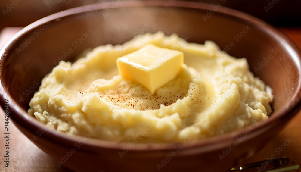 Steaming bowl of mashed potatoes with pat of butter melting. Tasty homemade dish. Delicious food Steaming bowl of mashed potatoes with pat of butter melting. Tasty homemade dish. Delicious food