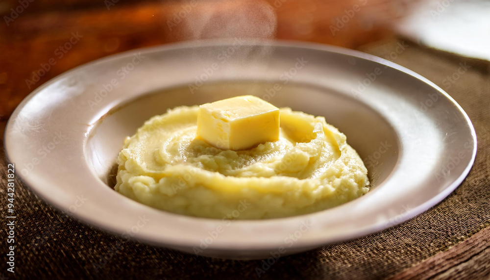Steaming bowl of mashed potatoes with pat of butter melting. Tasty homemade dish. Delicious food Steaming bowl of mashed potatoes with pat of butter melting. Tasty homemade dish. Delicious food