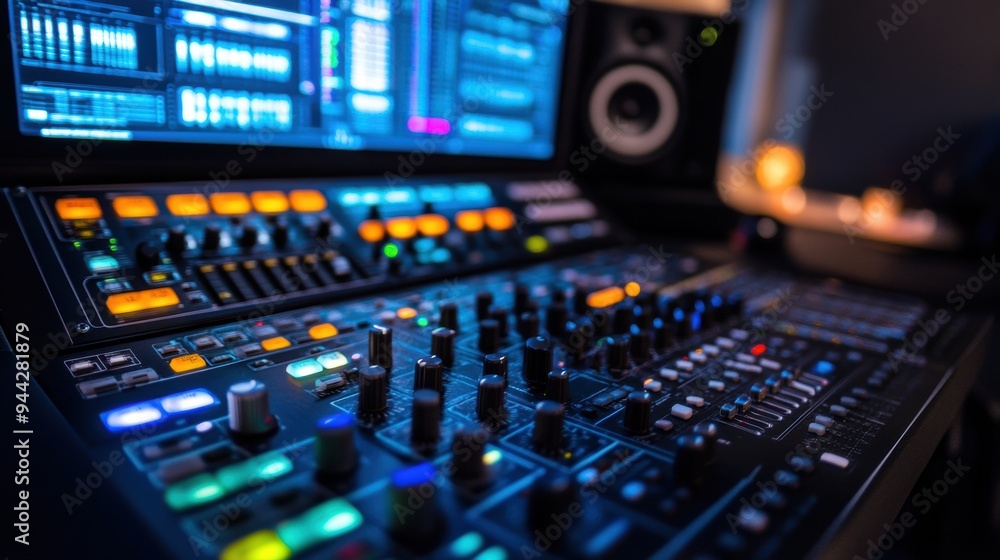 Close-up of an audio mixing console with illuminated controls in a professional recording studio Close-up of an audio mixing console with illuminated controls in a professional recording studio