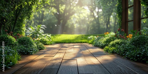 Wooden floor with green bushes. photo