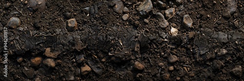 Soil texture, dark color with small pebbles and organic matter.