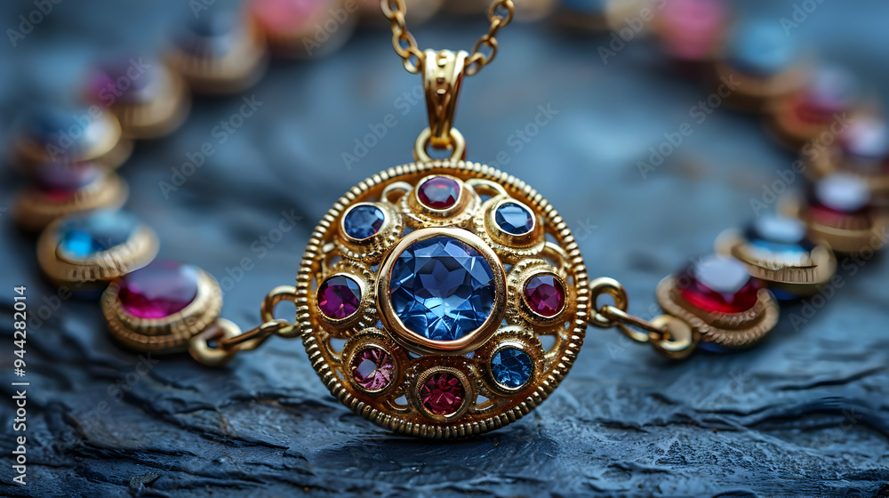 Close-Up of a Gold Necklace with a Round Blue Gemstone Pendant and Red Gemstones - Realistic Image Close-Up of a Gold Necklace with a Round Blue Gemstone Pendant and Red Gemstones - Realistic Image