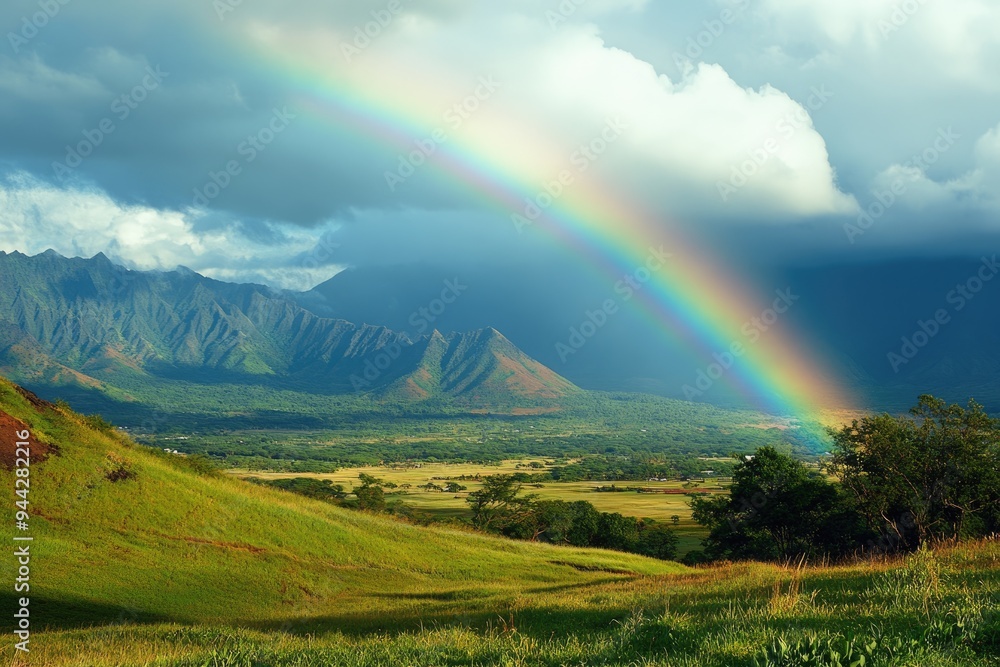 Maui Rainbow: Bright Day Over the Hawaiian Hills and Cloud-Lined Sky Maui Rainbow: Bright Day Over the Hawaiian Hills and Cloud-Lined Sky