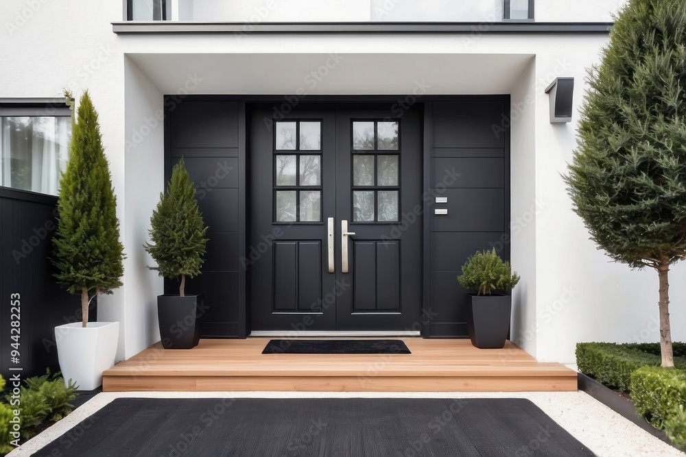 Modern Black Double Door Entrance with Plants and Stone Pathway Modern Black Double Door Entrance with Plants and Stone Pathway