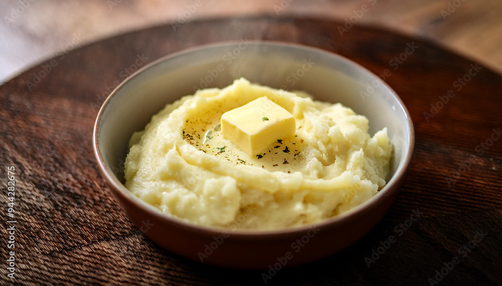 Steaming bowl of mashed potatoes with pat of butter melting. Tasty homemade dish. Delicious food Steaming bowl of mashed potatoes with pat of butter melting. Tasty homemade dish. Delicious food