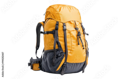 Stylish yellow hiking backpack designed for outdoor adventures, featuring multiple compartments for optimal organization isolate on transparency background