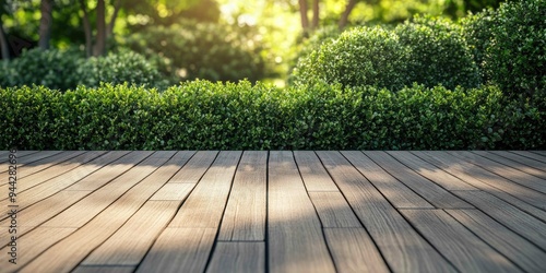 Wooden floor with green bushes. photo