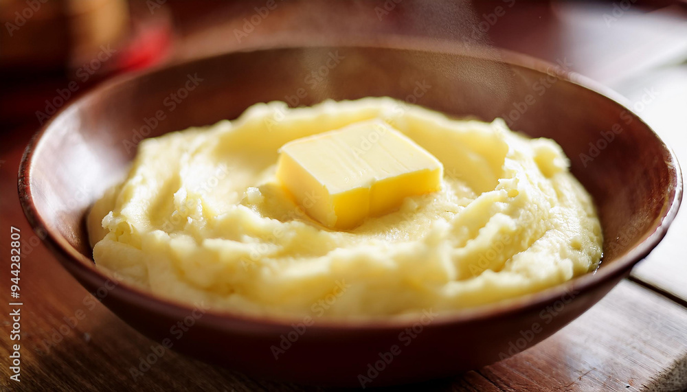 Steaming bowl of mashed potatoes with pat of butter melting. Tasty homemade dish. Delicious food Steaming bowl of mashed potatoes with pat of butter melting. Tasty homemade dish. Delicious food