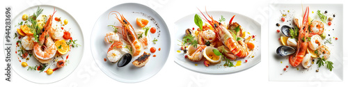 set of a gourmet seafood dish with elegant presentation and garnishes, Elegant Gourmet Seafood Dish Artfully Presented and Garnished, on a transparent backgrounds