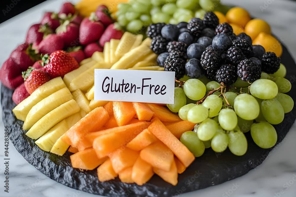 A platter of colorful fruits, including grapes and oranges, with word, Gluten-Free A platter of colorful fruits, including grapes and oranges, with word, Gluten-Free