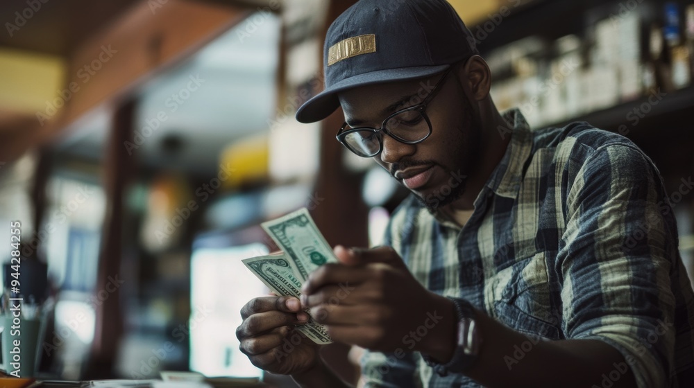 Man counting money in a cafe. Man counting money in a cafe.