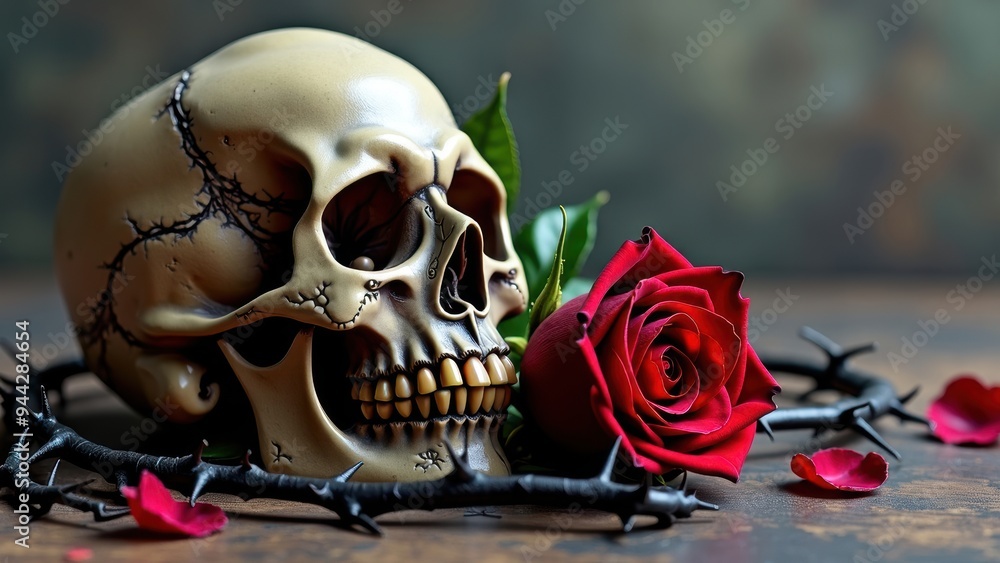 Contrasting Imagery of Mortality: Skull and Blooming Rose with Thorns Contrasting Imagery of Mortality: Skull and Blooming Rose with Thorns