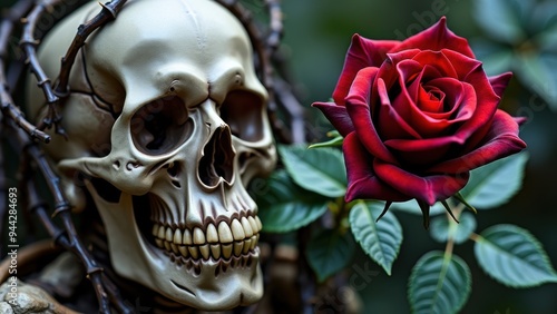 Symbolic Representation of Life and Death: Skull with Rose and Thorns