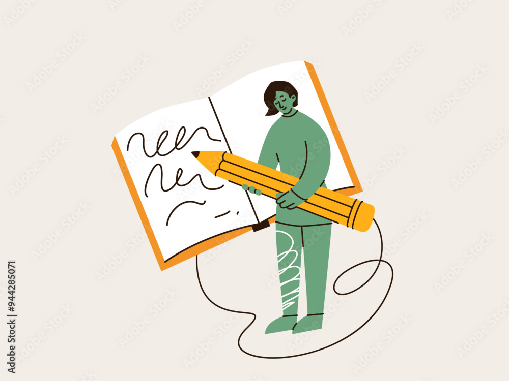 Young woman holding huge yellow pencil and writing in notebook vector Young woman holding huge yellow pencil and writing in notebook vector