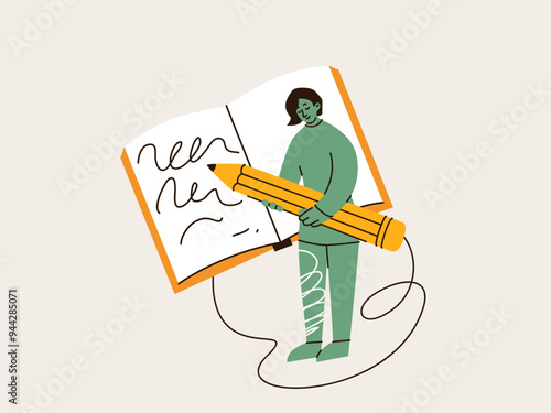 Young woman holding huge yellow pencil and writing in notebook vector