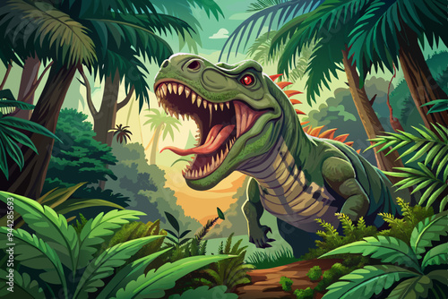 This image depicts a hyper-realistic Tyrannosaurus Rex roaring menacingly amidst a lush and dense prehistoric jungle environment with towering trees and ferns.
