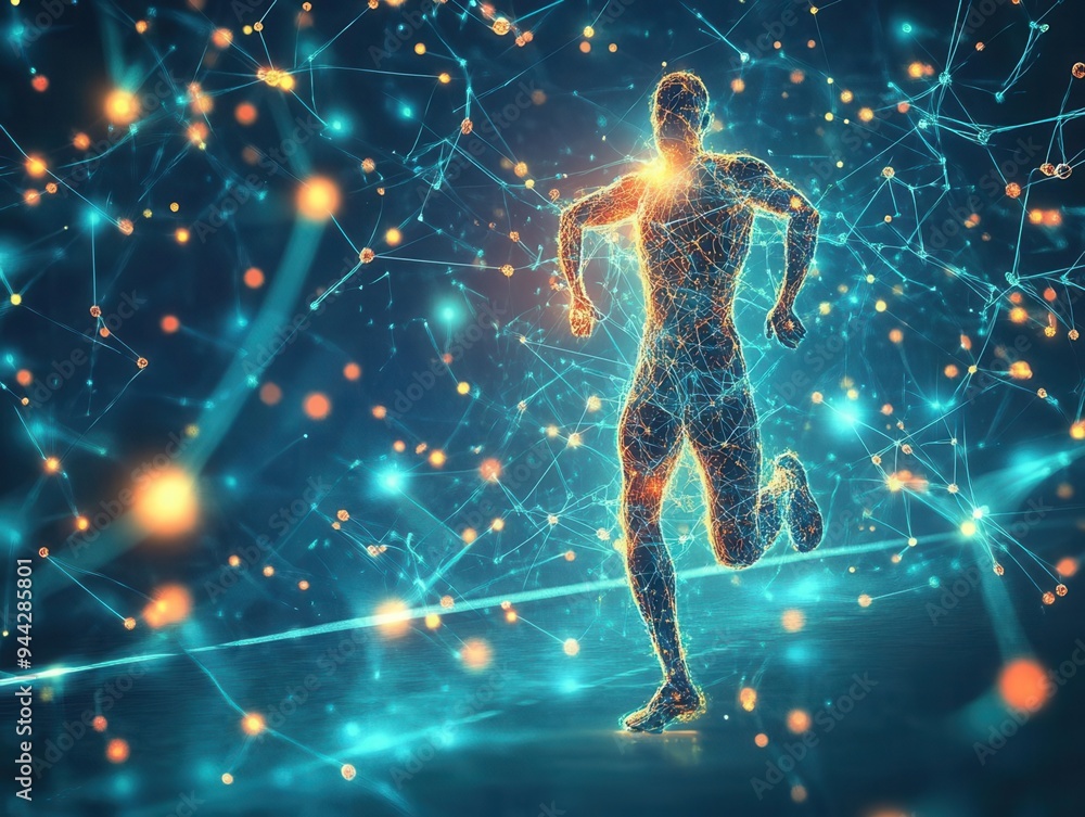 A dynamic representation of a runner amidst a digital network of glowing connections, symbolizing speed and technology. A dynamic representation of a runner amidst a digital network of glowing connections, symbolizing speed and technology.