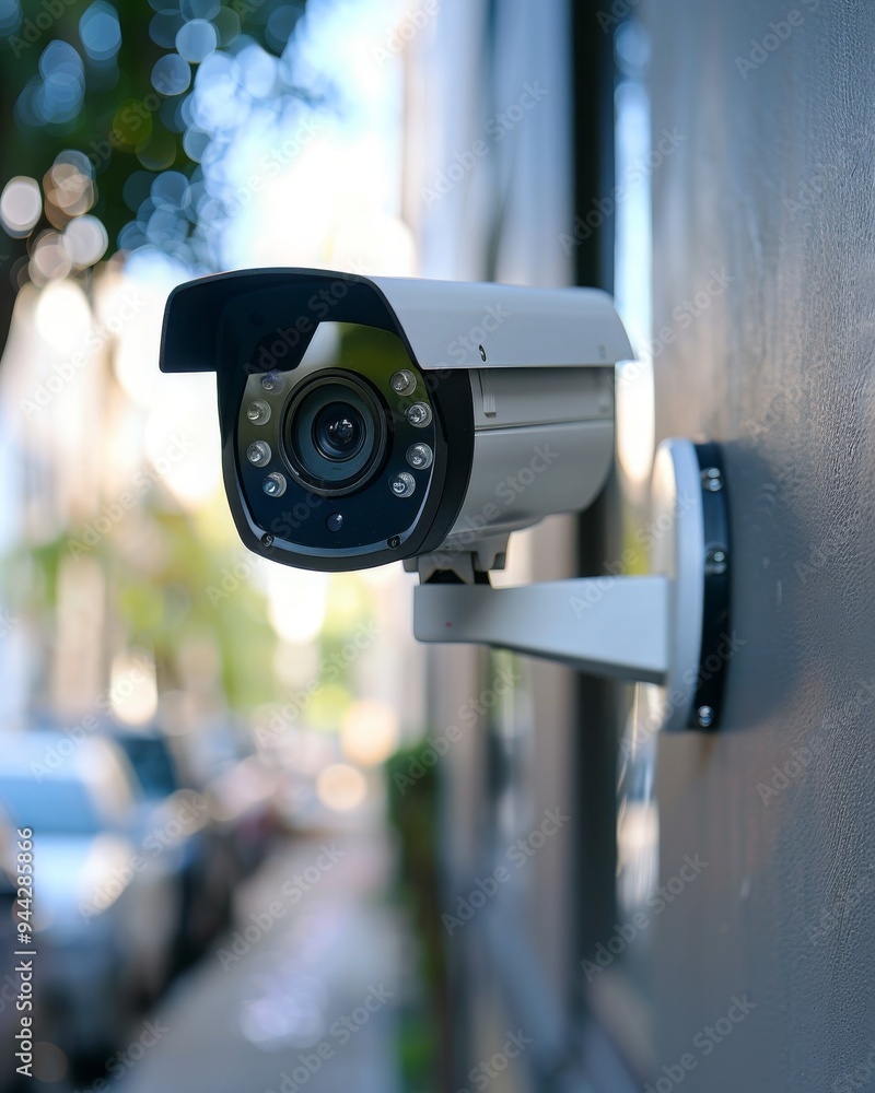 Close-up view of a modern home security camera monitoring vigilantly, showing details of advanced technology and vigilance around the area Close-up view of a modern home security camera monitoring vigilantly, showing details of advanced technology and vigilance around the area