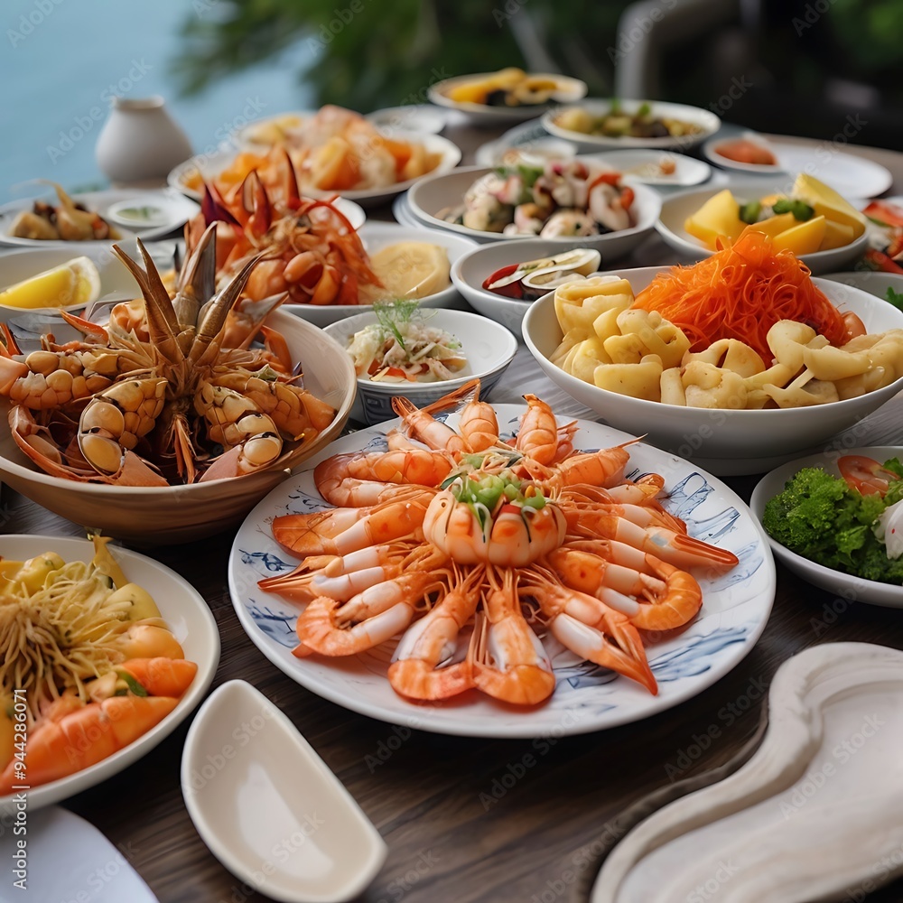 Spicy Korean Ramone with seafood, menu for various seafood dishes, closeup of lobsters and seafood on plate, delicious fresh attractive seafood dishes on the table Spicy Korean Ramone with seafood, menu for various seafood dishes, closeup of lobsters and seafood on plate, delicious fresh attractive seafood dishes on the table