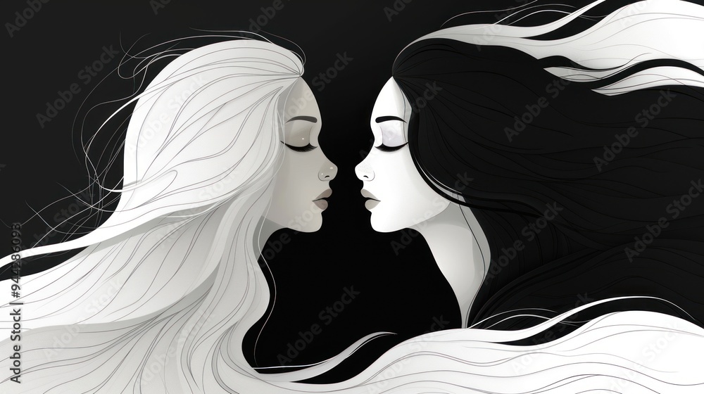 An abstract image of two lesbian silhouettes with loose hair in profile, done in black and white style, representing unity, caring and emotional connection. An abstract image of two lesbian silhouettes with loose hair in profile, done in black and white style, representing unity, caring and emotional connection.