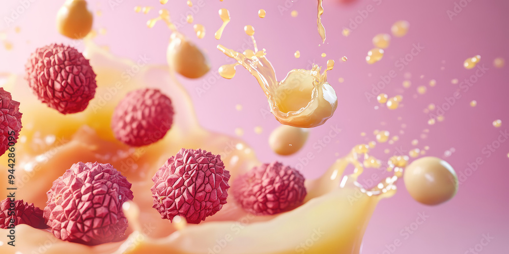 Creative composition of Fresh lychee, litchi fruit falling and juice or water splashing on a pastel background. 3d style, copy space Creative composition of Fresh lychee, litchi fruit falling and juice or water splashing on a pastel background. 3d style, copy space