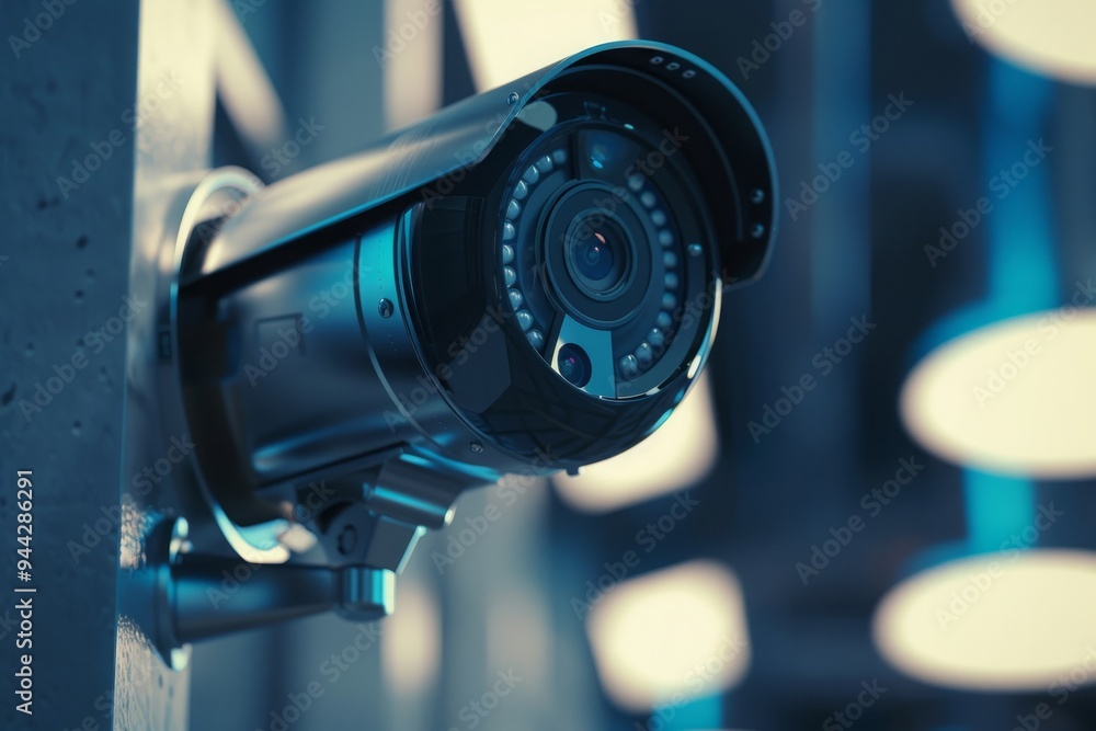 Close-up view of a modern home security camera monitoring vigilantly, showing details of advanced technology and vigilance around the area Close-up view of a modern home security camera monitoring vigilantly, showing details of advanced technology and vigilance around the area
