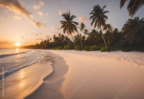 Beautiful tropical beach and sea with coconut palm tree at sunset time - Holiday Vacation concept