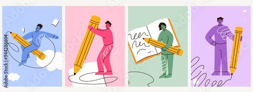 People with a huge pencil vector card illustration. Young diverse