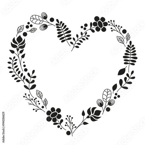 black floral vector illustration. Heart made of plants