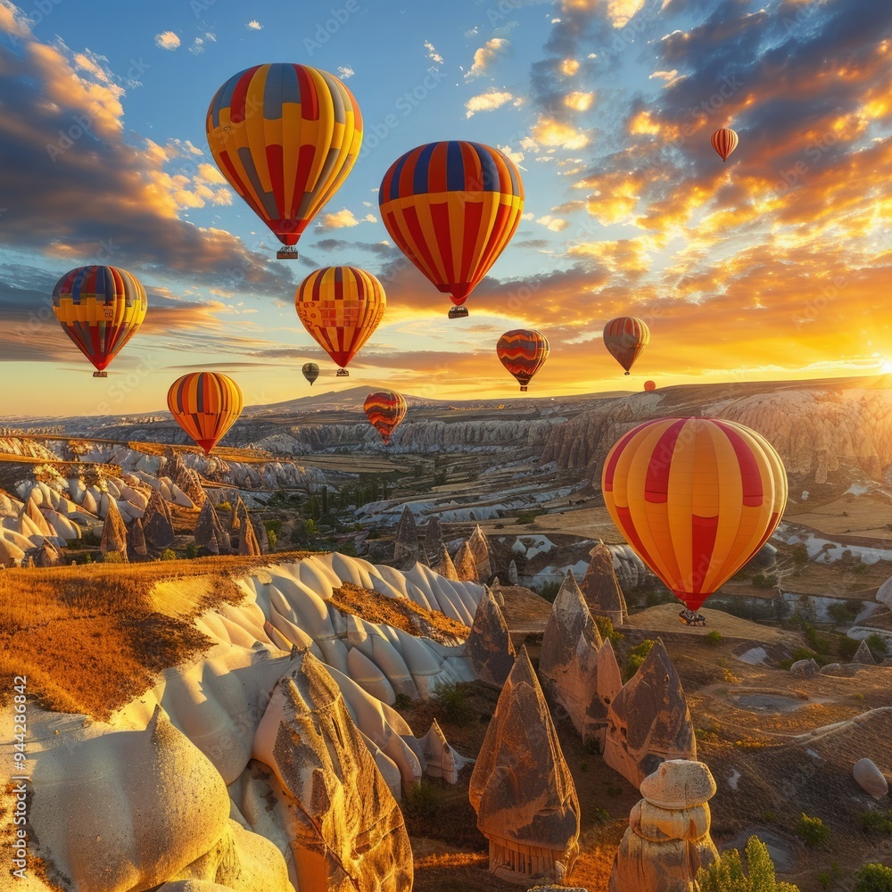 Naklejka premium Hot air balloons ascend over Cappadocia\'s unique landscape at sunrise, illuminating the valley