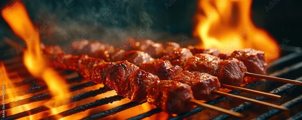 Sizzling skewers of meat grilled over an open flame, creating a delicious and smoky flavor perfect for summer barbecues. Sizzling skewers of meat grilled over an open flame, creating a delicious and smoky flavor perfect for summer barbecues.