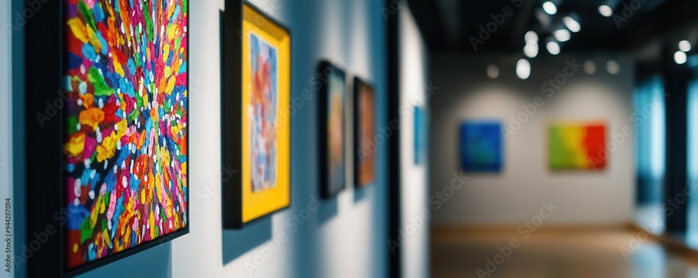 Vibrant art gallery showcasing colorful paintings on display, highlighting creativity and artistic expression through diverse artworks. Vibrant art gallery showcasing colorful paintings on display, highlighting creativity and artistic expression through diverse artworks.