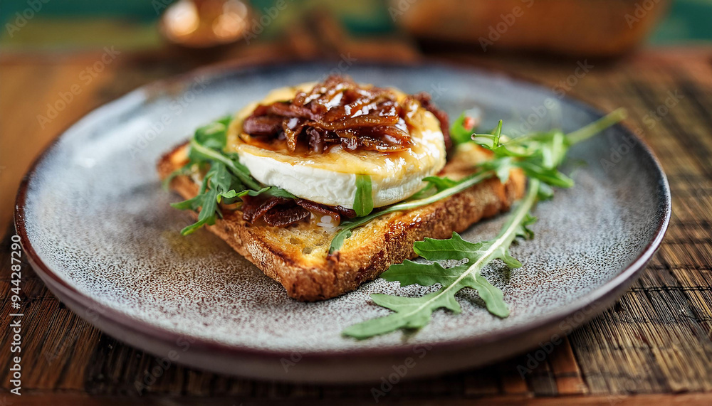 Toasted bread with creamy brie cheese, caramelized onions and arugula. Tasty food for lunch. Toasted bread with creamy brie cheese, caramelized onions and arugula. Tasty food for lunch.