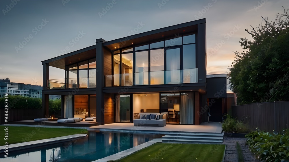 house in the evening with pool house in the evening with pool