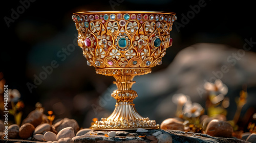 Ornate Golden Chalice with Gemstones - Realistic Image photo