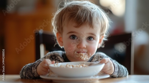 Toddler eating oatmeal at the table with messy face